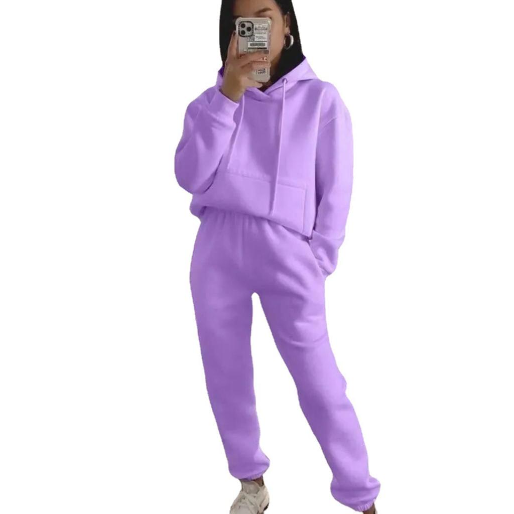 1116 Yama European and American popular casual hooded long-sleeved pocket sweater solid color sports suit two-piece set