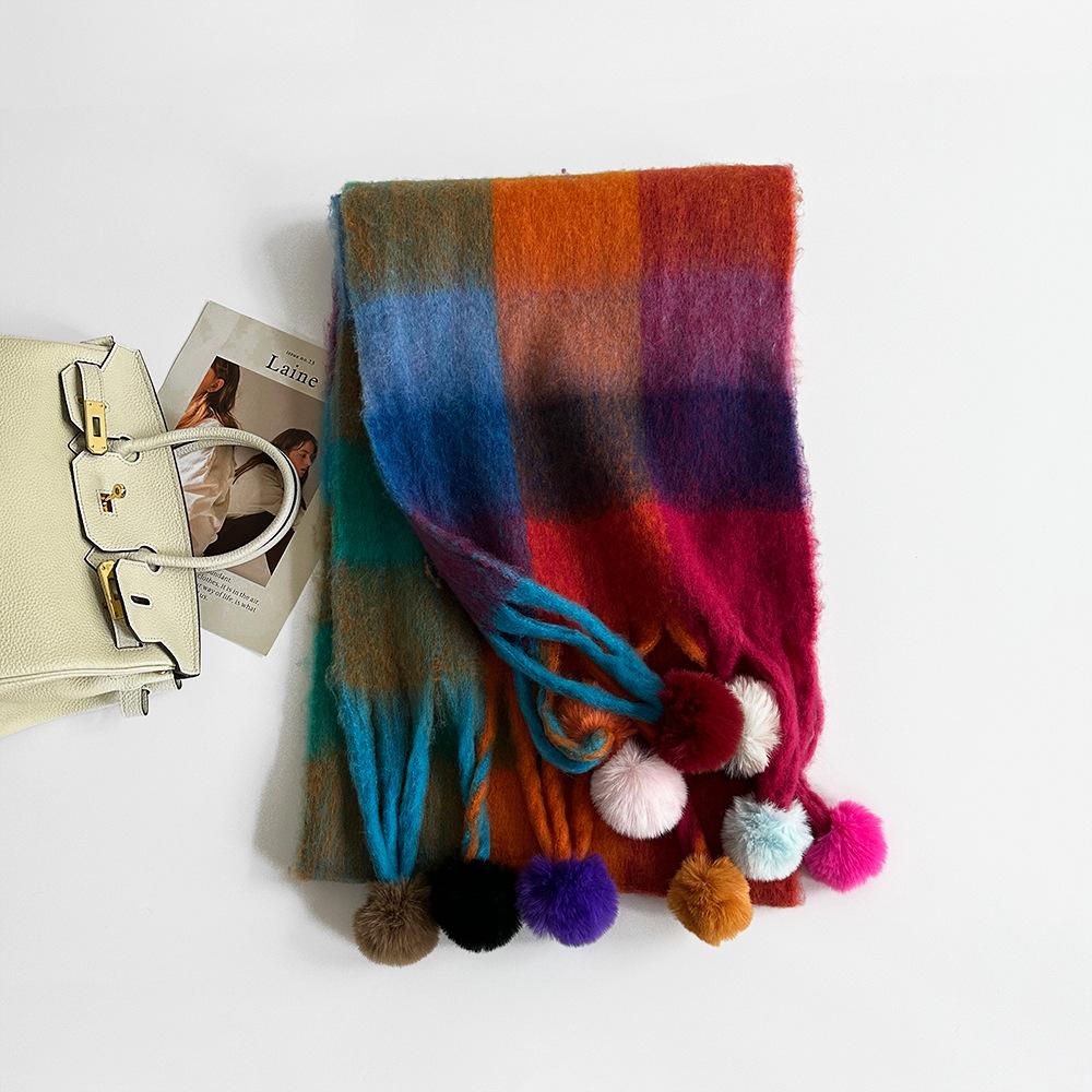 Fashion Trend Scarf Winter Scarf Rainbow Plaid Dopamine Stripe Handmade Hairball Shawl