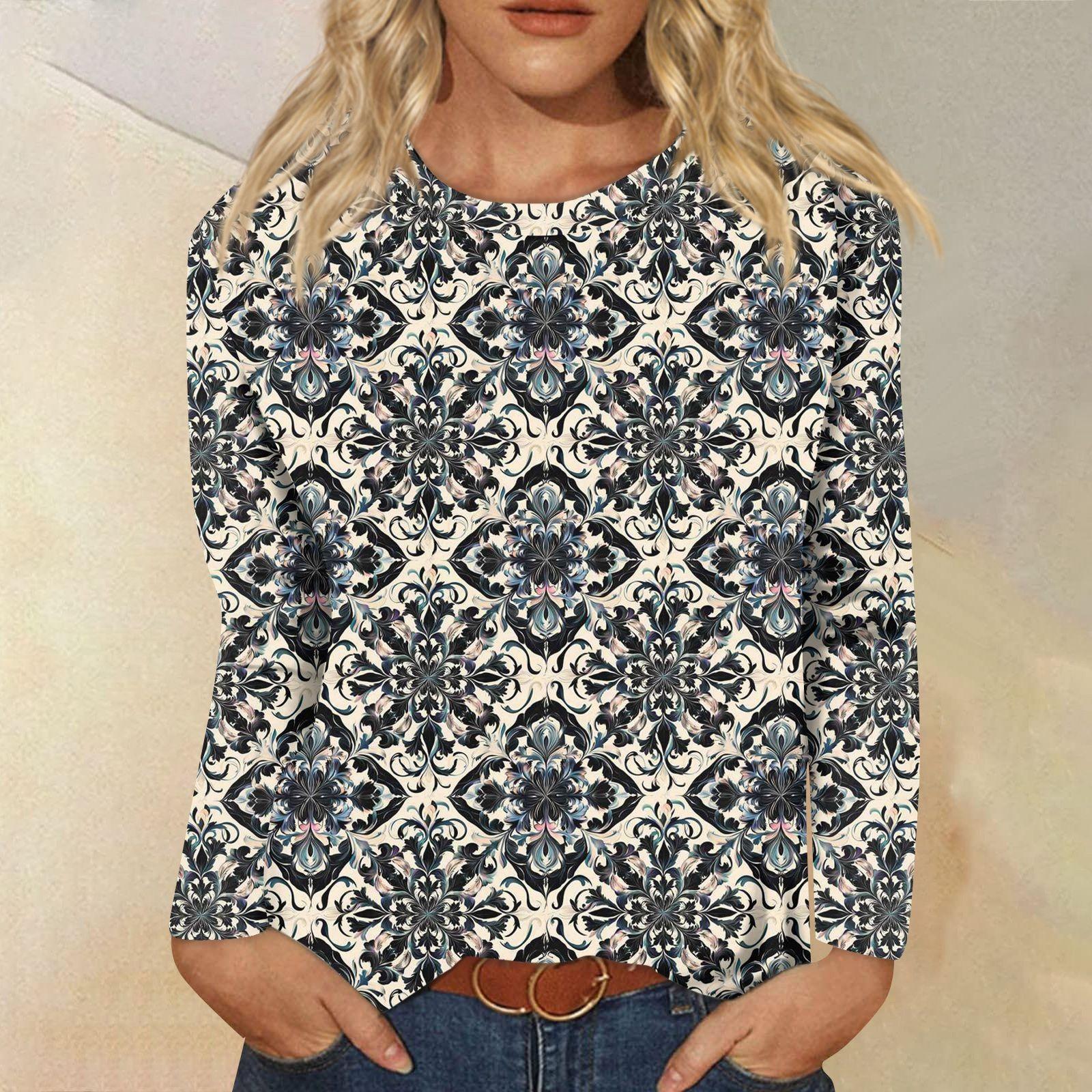 

Жіночий модний повсякденний топ з довгим рукавом та принтом, з круглим вирізом M Темно-синій