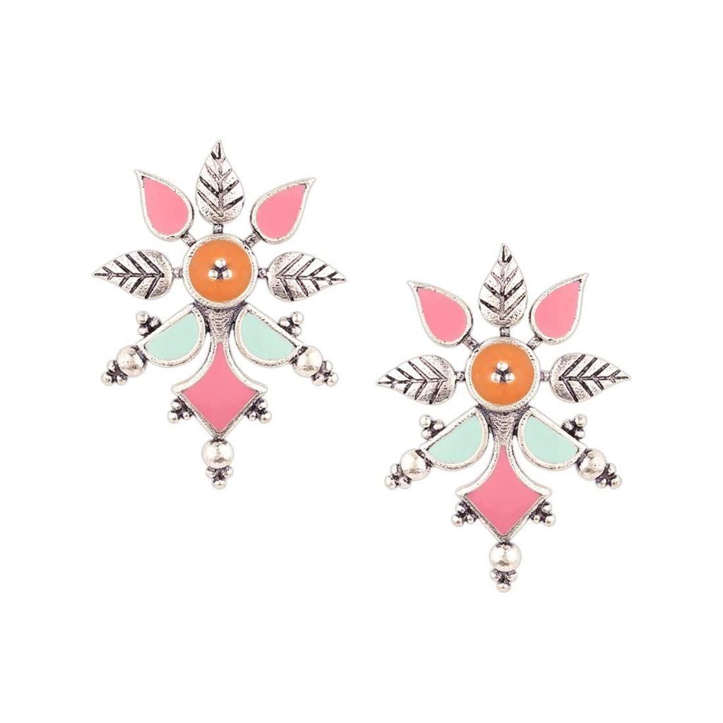 Brass Oxidised Dreamy Enamel Floral Shape Blue Earrings for Women and Girls