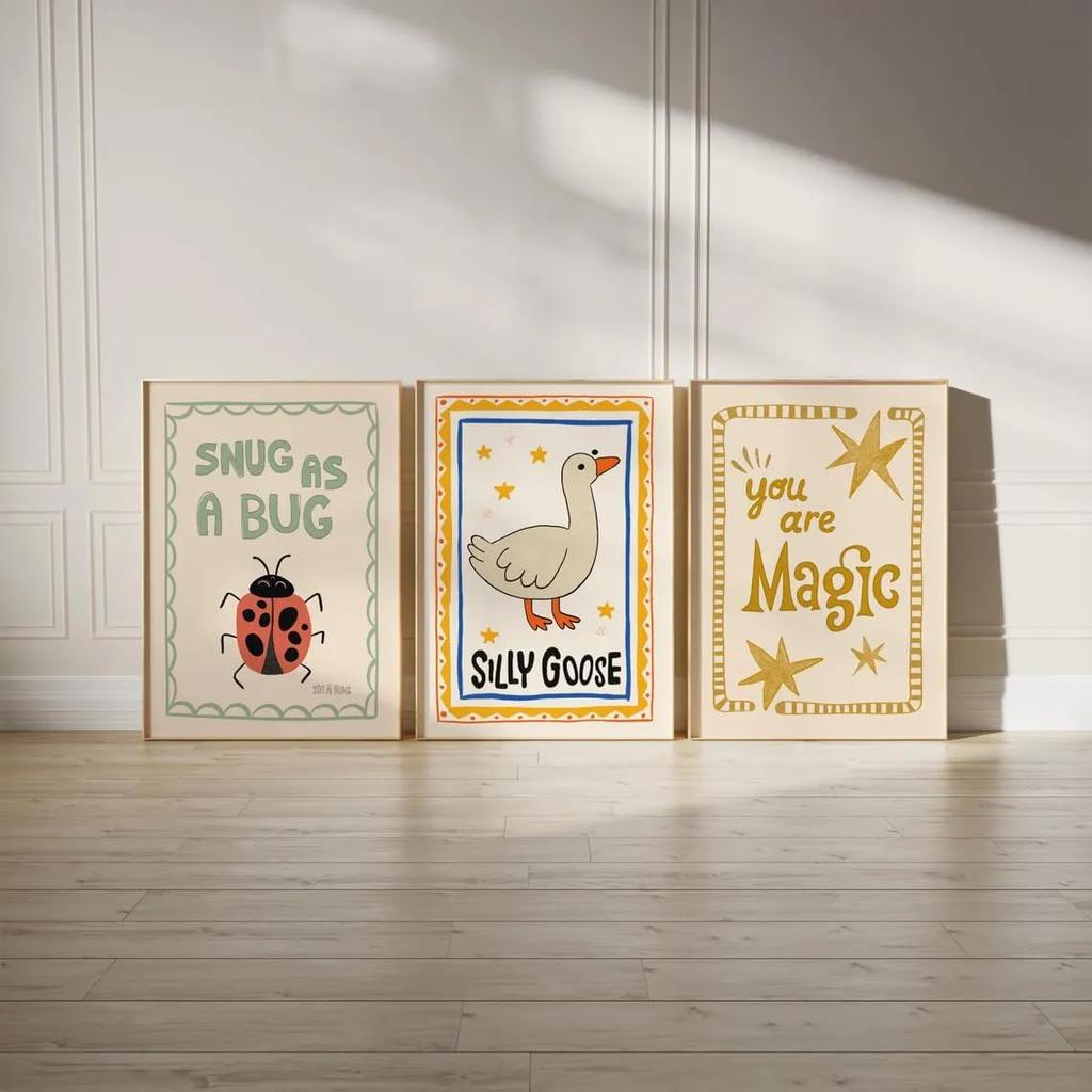 Silly Goose Nursery Canvas Wall Art Cute Animals ect Picture Wall Decor Trendy Magic Posters Snug As a Bug Rustic Farmhouse Painting Print Artwork