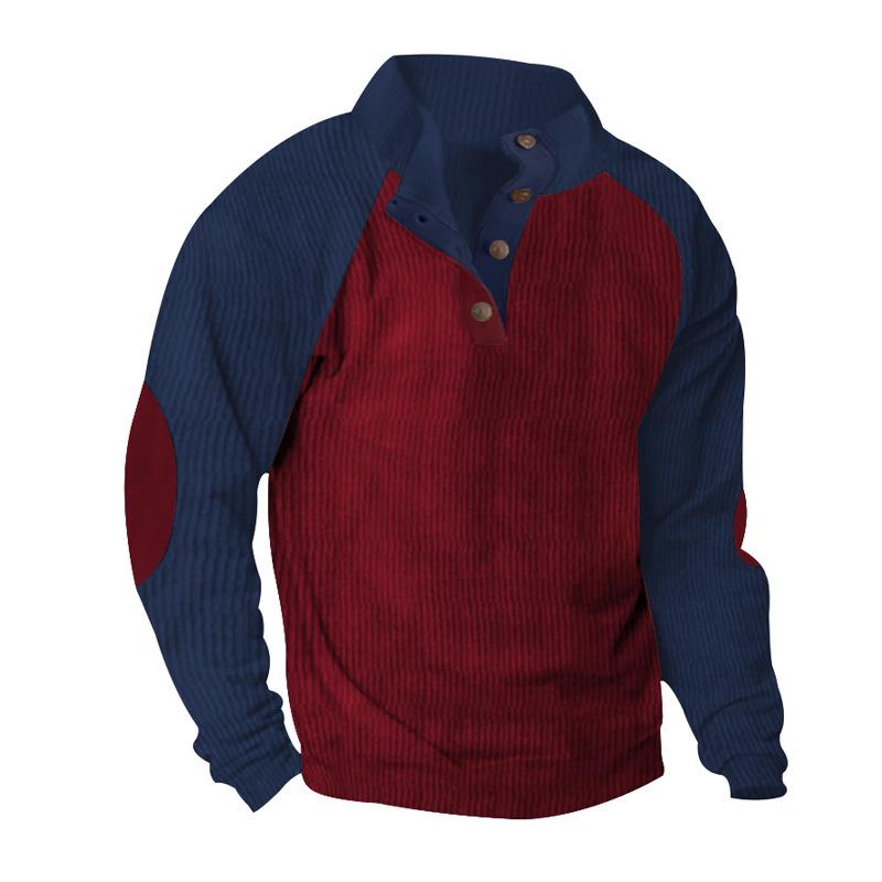 Men's Corduroy Color Block Stand Collar Hoodie - Casual Long Sleeve Top for Spring and Autumn