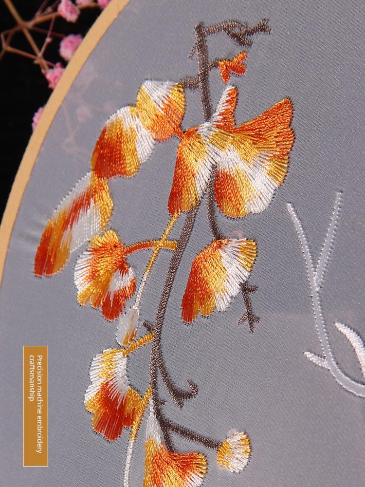 Antique Embroidery Circular Fan Chinese Style Cheongsam Fan Women's Double-Sided Embroidered Transparent round Long Handle Ancient Chinese Clothing
