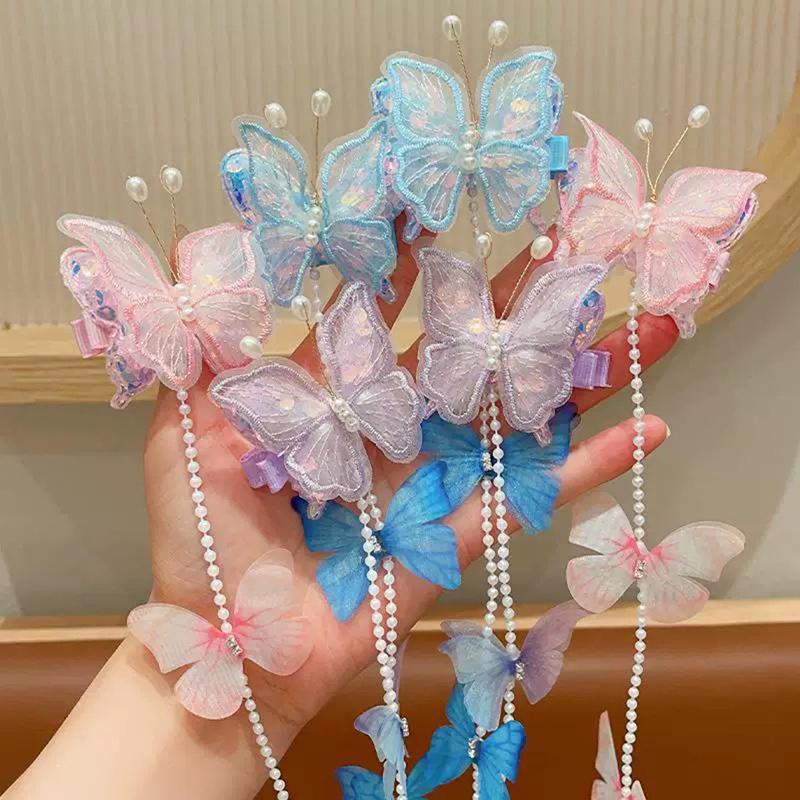2 Pezzi Pinze per Capelli a Forma di Farfalla in Garza per Bambine Principesse Spille per Capelli con Nappa di Perle e Treccia Dolci Accessori per Capelli per Feste di Bambini