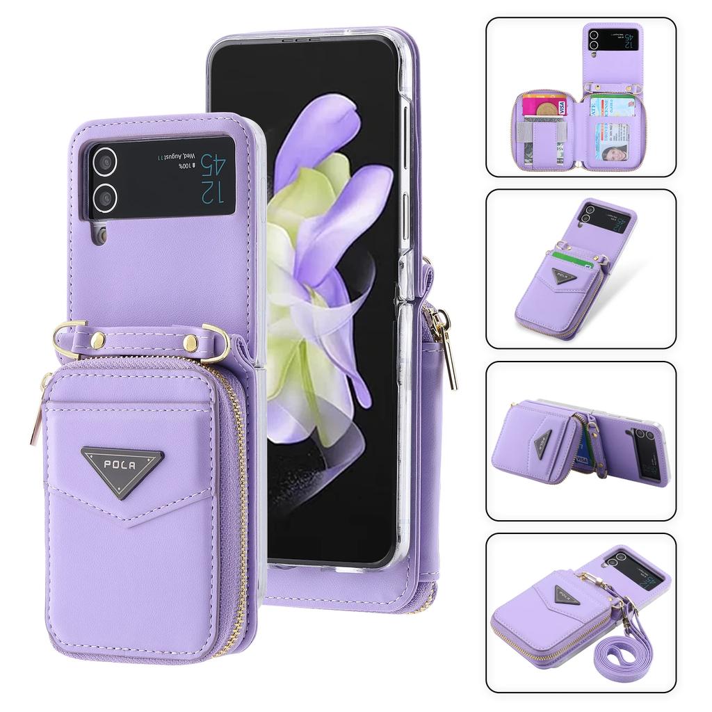 Crossbody Leather Bag Wallet Zipper Purse Case for Samsung Z Flip 6 5 4 Flip3 Neckstrap Shoulder Strap Card Holder Pocket Cover