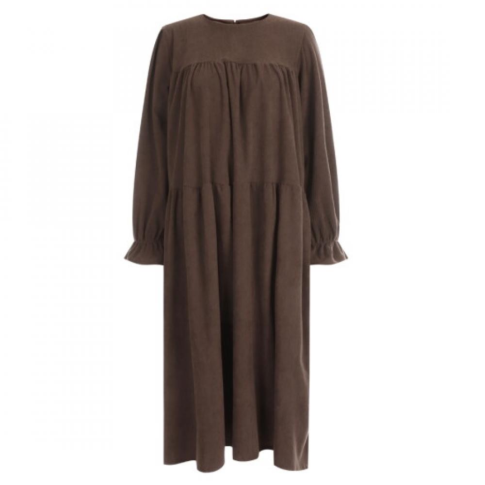 Shop Women S Round Neck 3 Tier Frill Suede Corduroy Long dreSS Brown Pic Wdr