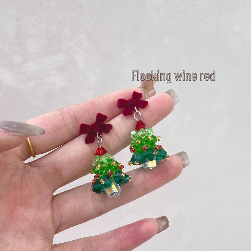 3D Christmas Tree Earrings with Red Bow - Heavy Beaded Crystal Ear Clips, Hand-Woven Holiday Accessories
