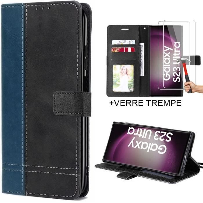 2 verres trempés+ coque pour samsung s23 ultra - protection intégrale effet cuir bleu marine