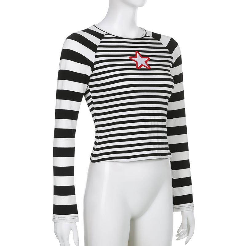 Harajuku Casual Pullovers Aesthetic Ladies 2022 Autumn Fashion T-Shirt Vintage Star Print Striped Long Sleeve Crop Top for Women
