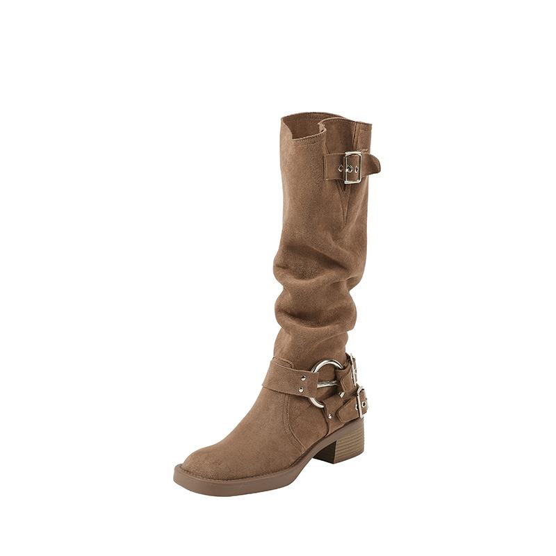 Boucle de ceinture en métal marron vintage pliable haut de gamme pour femme Bottes de cowboy western Carré Talon haut Bottes longues Mode Bottes de chevalier