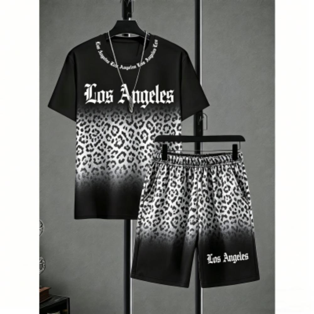Fun Men's Set Letter Leopard Colorful Printed Men's T-shirt and Shorts 2 Piece Set Summer Casual Outdoor Men's and Women's T-shirt Sets