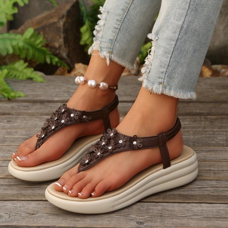 Fashion Women's Summer New Fashion Bohemian Style Flowers Clip-toe Sandals Vacation Outdoor Casual Thick-soled Thong Sandals Flip Flops