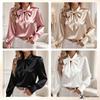 Women's Satin Blouse Long Sleeve Bow Tie Neck Elegant Office Shirt Dressy Top