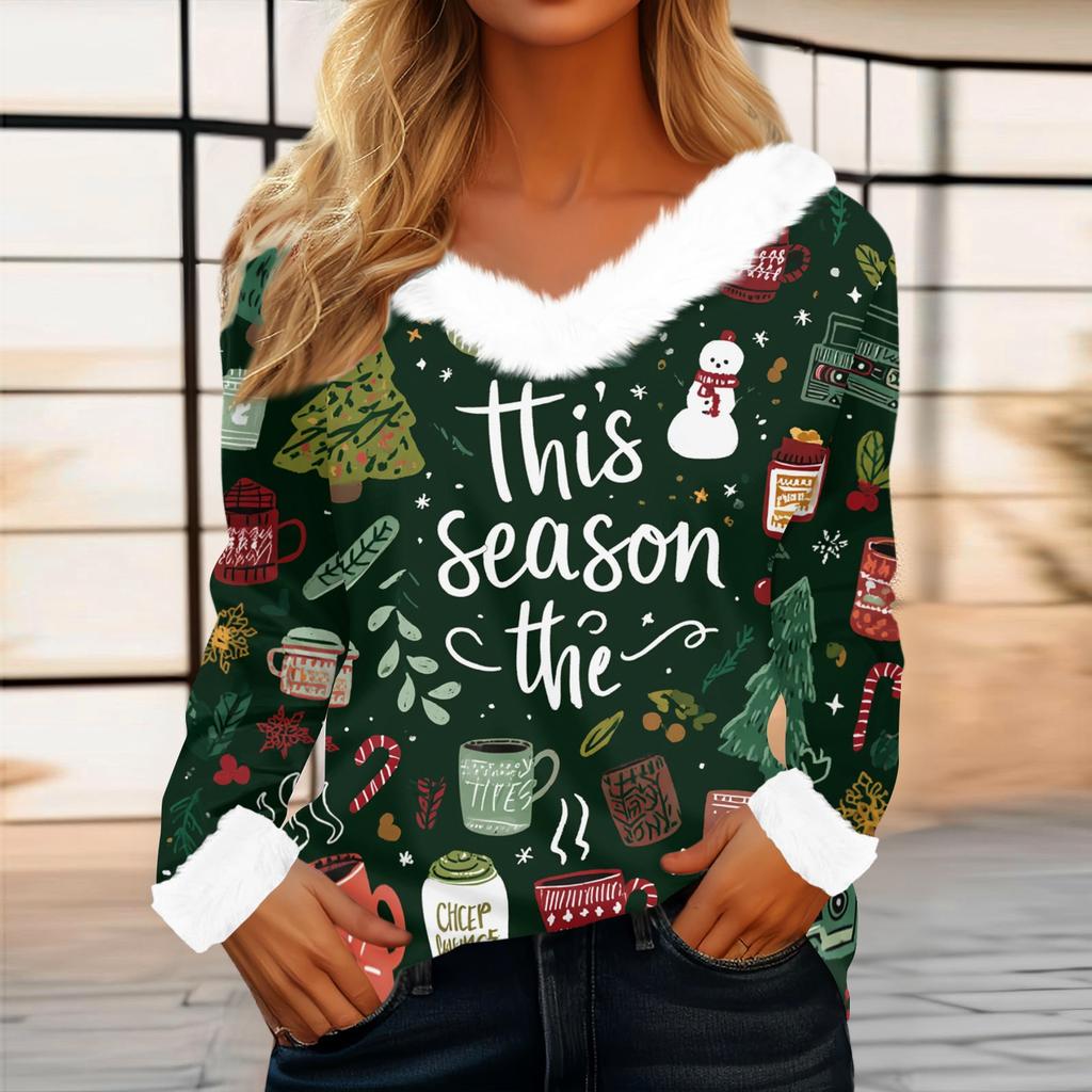 Women's Casual Fashion Long Sleeve Christmas Printed Flannel Collar Top