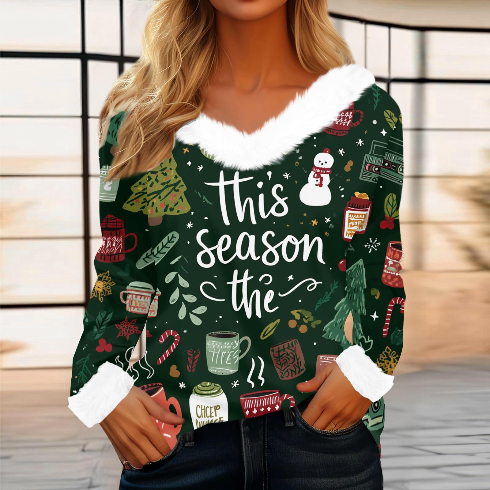 

Women s Casual Fashion Long Sleeve Christmas Printed Flannel Collar Top L темно-зелений колір