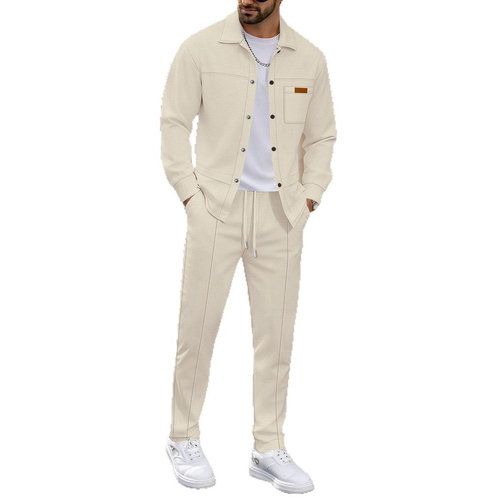Men's Casual Waffle Knit Set: Solid Color Cardigan Jacket and Long Pants