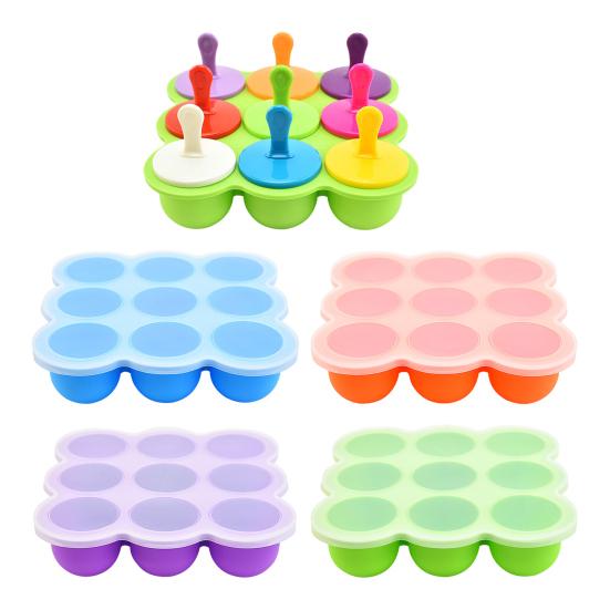Ice Cube Mold Tray Food-Grade Silicone Ice Maker with Lid 9 Holes Easy Release Infant Food Food Container
