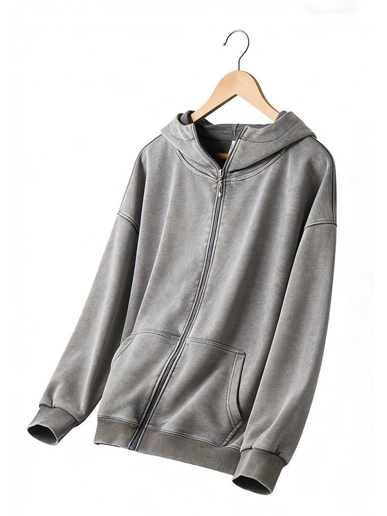 European Style 350g Cotton Hooded Distressed Zip-Up Cardigan - Unisex Trendy Jacket