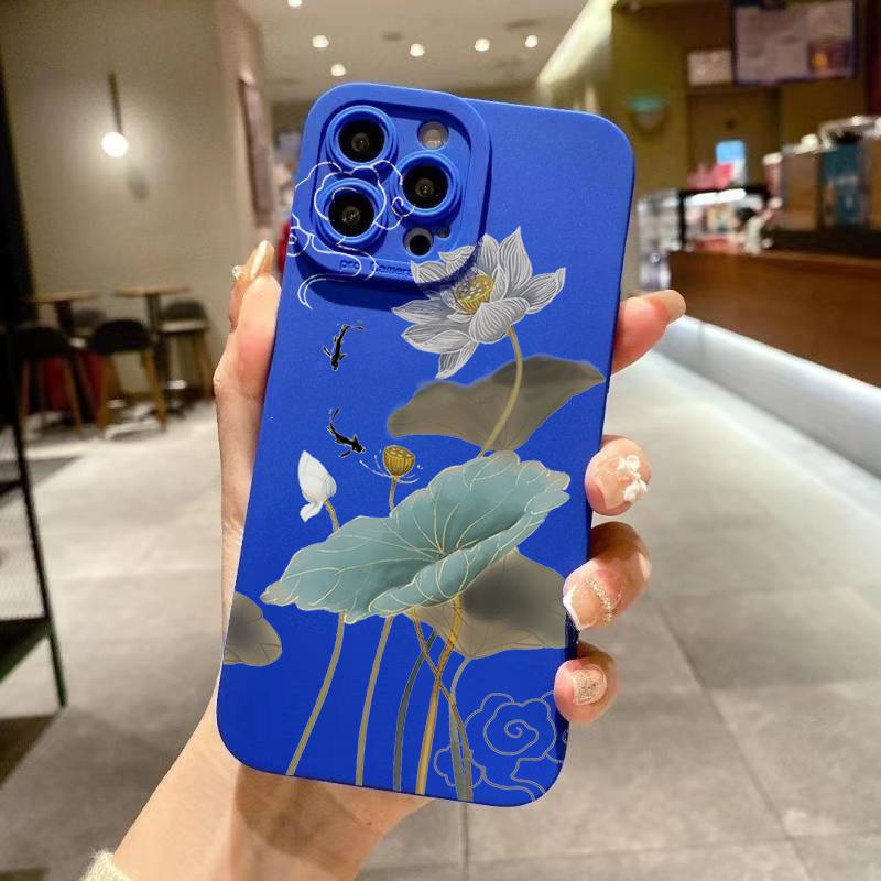 For iPhone 16 15 14 13 12 11 Pro Max Shockproof Blue Floral Pattern Phone Cover For iPhone XS XR 7 8 Plus 16 Soft Silicone Case