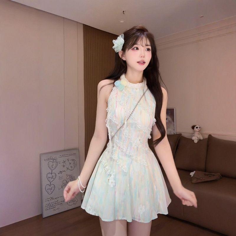 French Summer Lace Jasmine Green Sleeveless Slimming Waist Long Dress for Women