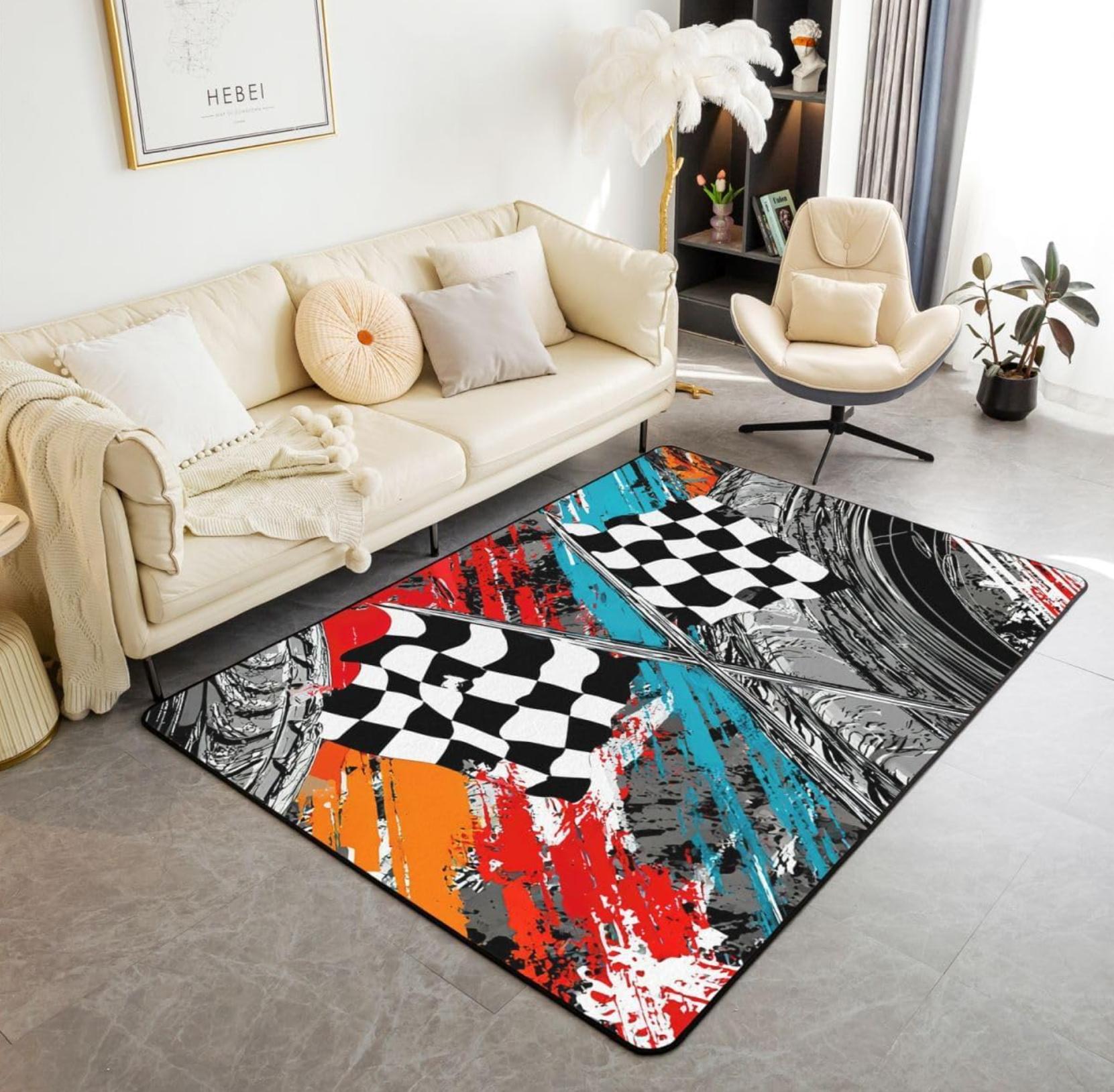 

Racing Flag Area Rug Red Stripe and Checkered Pattern Motorsport Inspired Floor Carpet for Car Enthusiast Living Room Bedroom 40X60cm
