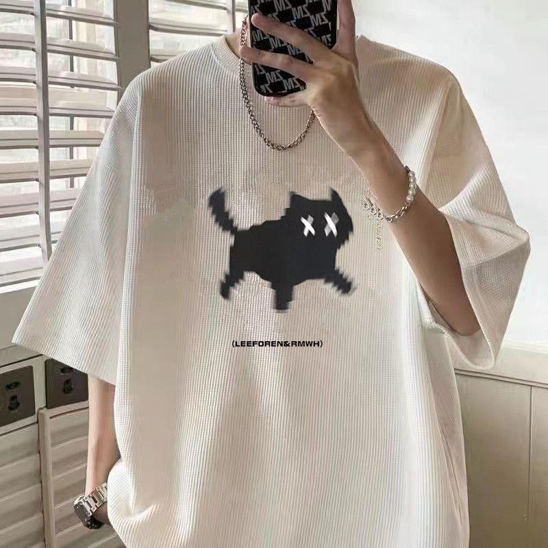 

Мужская летняя вафельная футболка с коротким рукавом, 220 г, свободного кроя, универсальный большой размер, трендовый топ бренда 2024 M