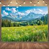 1pc Large Rollable Spring Meadow & Pine Forest Backdrop - Green Grass, Wildflowers, Mountains - No Electricity Needed, L