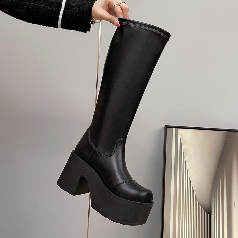 Mode 10CM Absatz Herbst Winter Mode Runde Zehe Plateau Damen High Boots Mode Punk Klobige Dicke Hohe Absätze Lange Stiefeletten