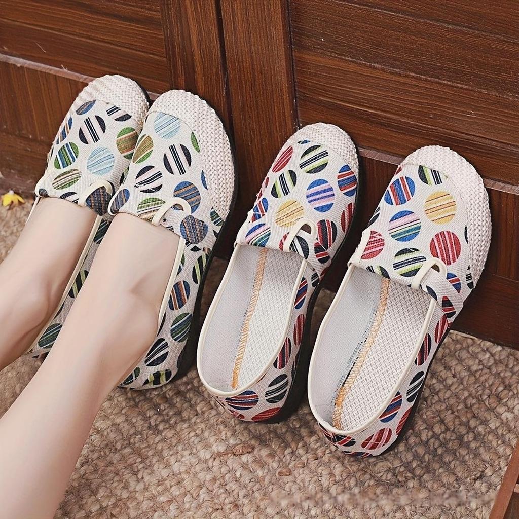Women's Slip-On Flat Canvas Fisherman Shoes with Colorful Striped Pattern, Uppe Comfortable Casual Loafers for All-Day Wear