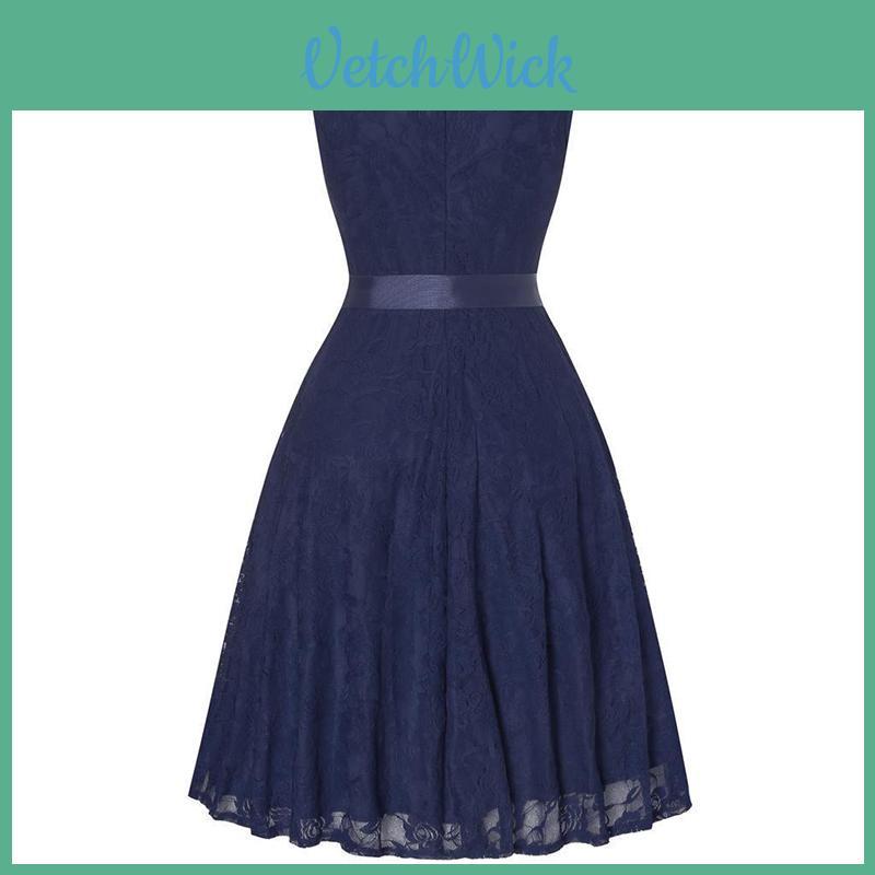 Elegante Vestito Retro Girocollo Senza Maniche con Cuciture in Pizzo, Cintura Larga e Gonna Svasata Aderente