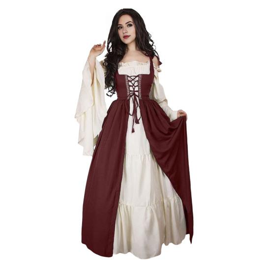 1 Set Women Edge Square Flowy Sleeves Neck Tight Waist Dress Shirring Lace-up Patchwork Vintage Renaissance Medieval
