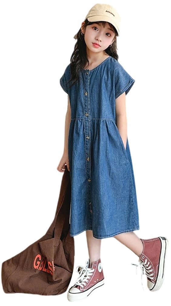 

BLZXIAN Джинсовые шорты Джинсовая длинная рубашка Повседневный крой Ниже свободный Повседневная школьная одежда Размер Рост Детское платье, Лето, Для девочек, Рукав, Юбка, синий