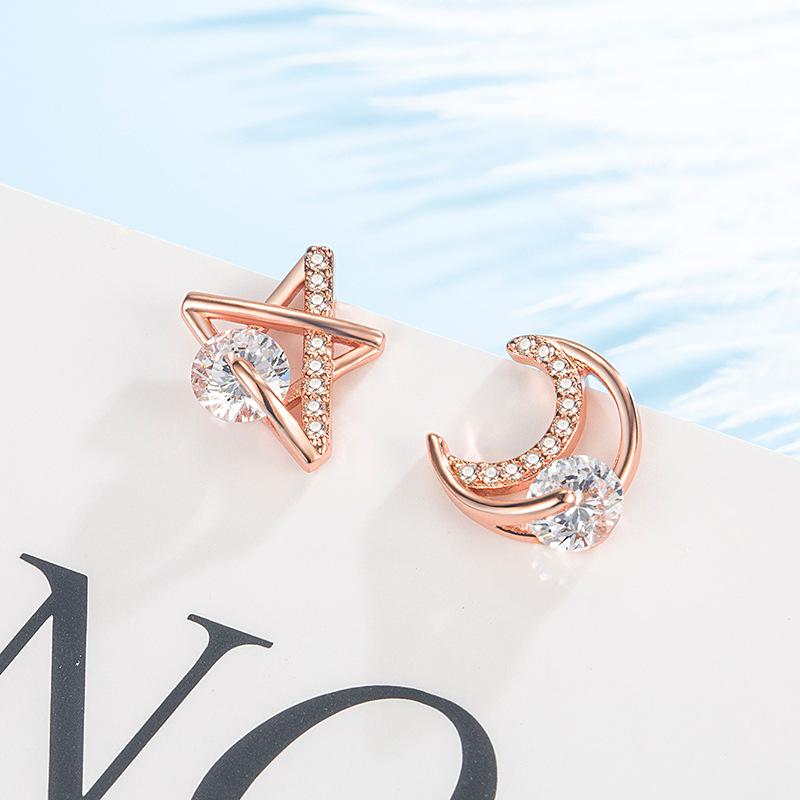 2026 Inlaid Zircon Earrings Women s Simple Star and Moon Earrings Micro-inlaid Star Moon Earrings Asymmetric Earrings Jewelry