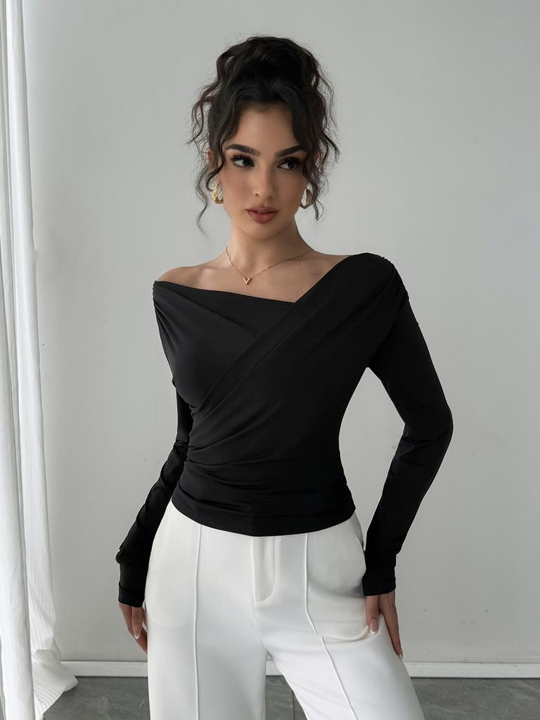 Women's Asymmetric Cross Neck Long Sleeve Top with Chest Pleats