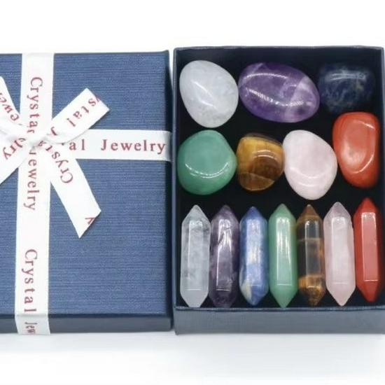 Seven-Color Crystal Heart & Hexagonal Stone Set - Natural Tumbled Stones & Mineral Specimens Gift Box