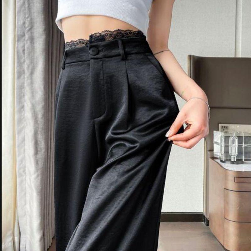 

Women s Wide-Leg Ice Silk Satin Lace Patchwork Pants - Summer Thin High Drape, Floor-Length Casual Wear Small