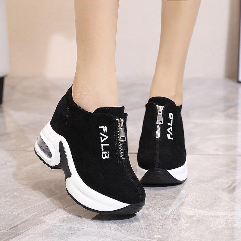 Korean Style Women's Thick-Soled Suede Sneakers with Air Cushion and Zipper for Autumn and Winter