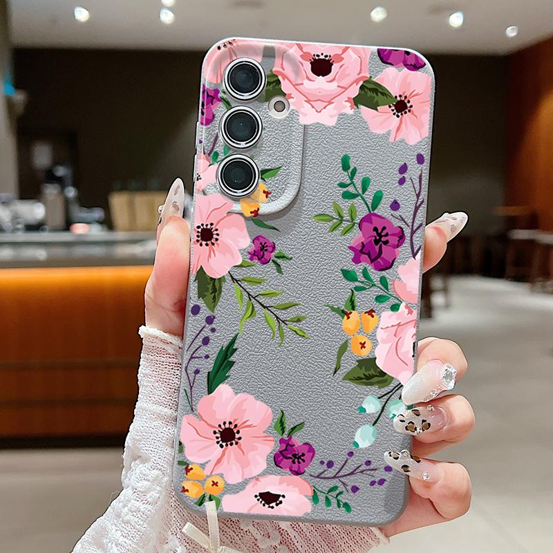 Floral Print Shockproof Phone Case For Samsung S25 Ultra S24 FE S23 S22 A56 A36 A55 A16 A26 A35 Slim Matte Leather Texture TPU Soft Bumper Cover