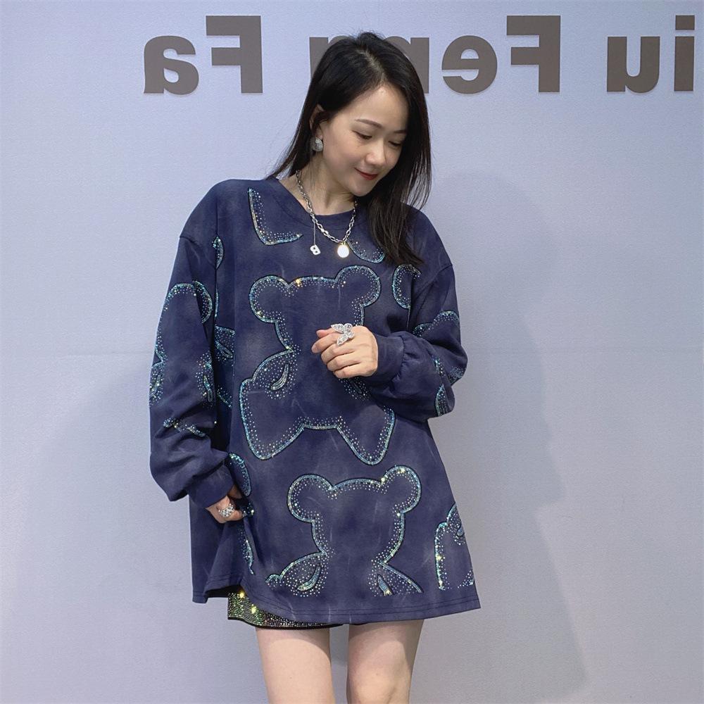 Un Hanorac Relaxat cu Gât Rotund, Lungime Medie, Incrustat cu Diamante, cu Mâneci Lungi pentru Femei Un Top Larg, de Mărime Mare, pentru Toamnă și Iarnă