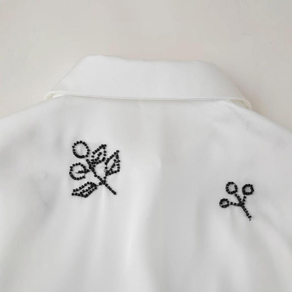 2024 Autumn Women's European & American Fashion Beaded Embroidered Satin Long-Sleeve Shirt