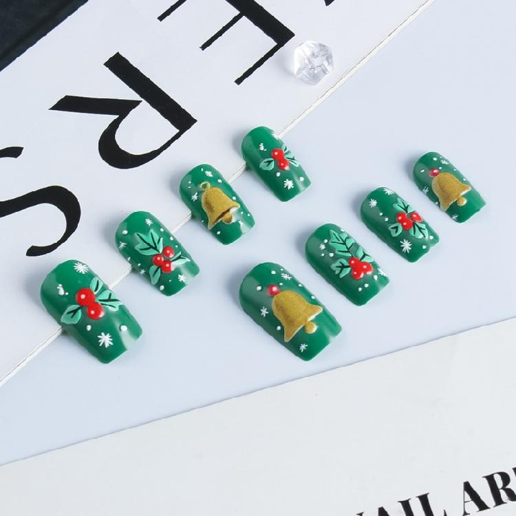 ABS Press On Nail 24PCS Christmas Snowflake Green Bell Design Reusable Artificial Nail For Festive Occasions