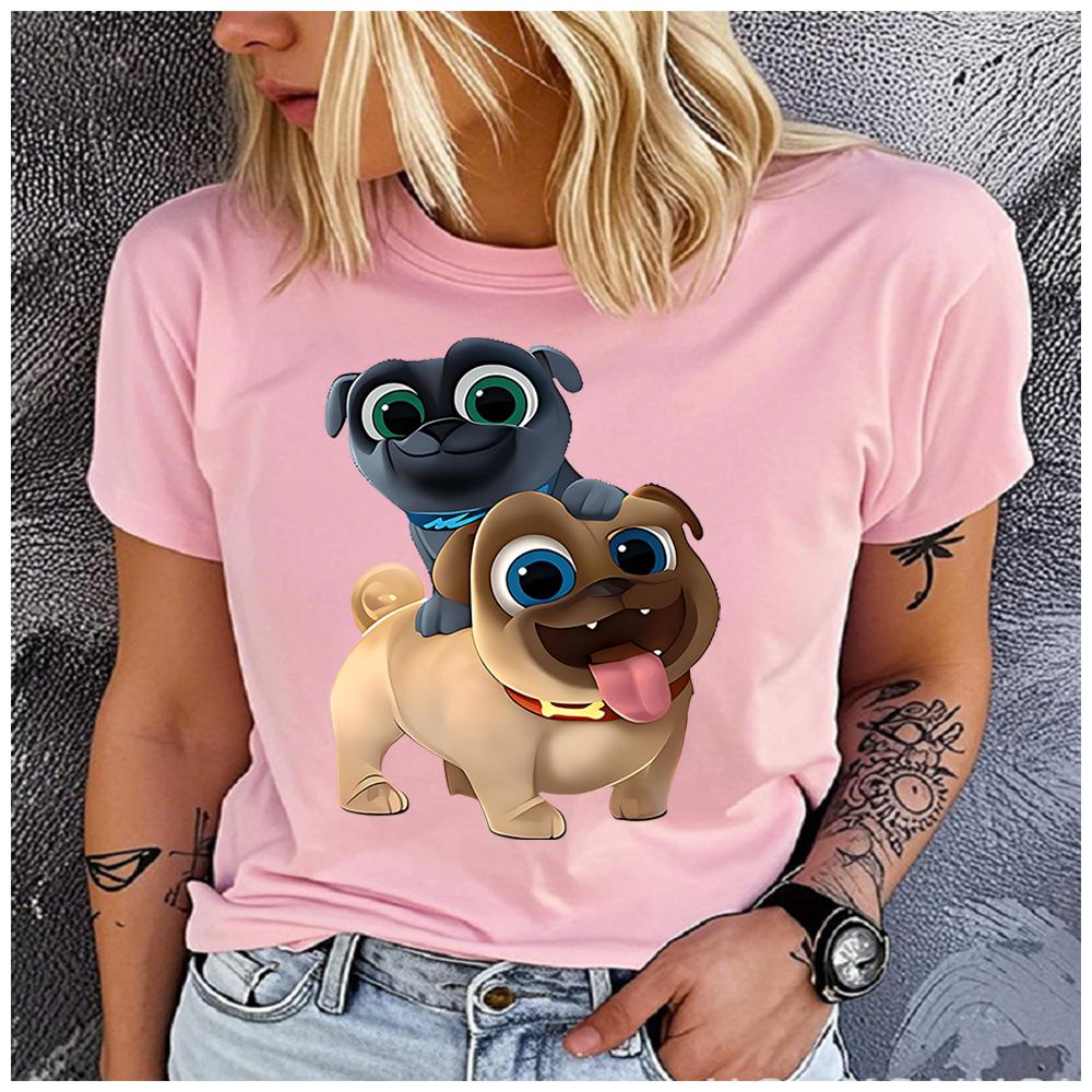 Cotton  Cute Cartoon Two Pug Dogs Graphic T Shirt Women Casual Summer Puppy Print Short Sleeve Tee Gift For Dog Animal Lover