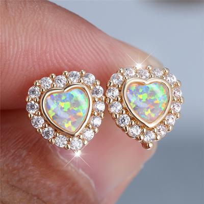 Cute Female White Fire Opal Stone Heart Stud Earrings Gold Color White Zircon Wedding  For Women