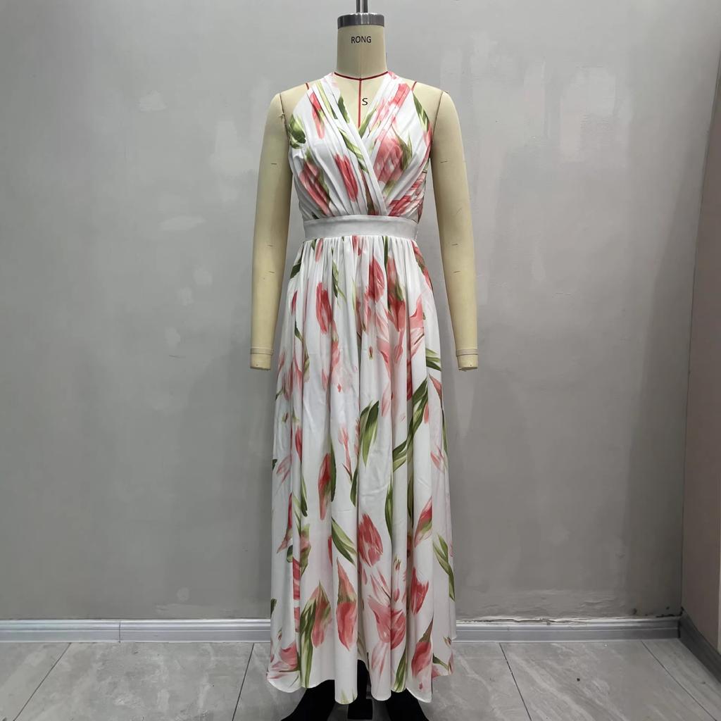 European and American Foreign Trade Spring and Summer Seaside Romantic Vacation Style Women's Clothing, Printed V-neck Backless Waist Elegant A-word