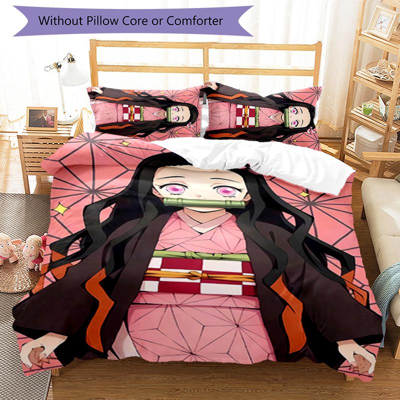 3pcs Demon Slayer Nezuko Pattern Bedding Set Duvet Cover Set Includes Duvet Cover &pillowcases, Perfect All Season Bedroom Decoration & Gift