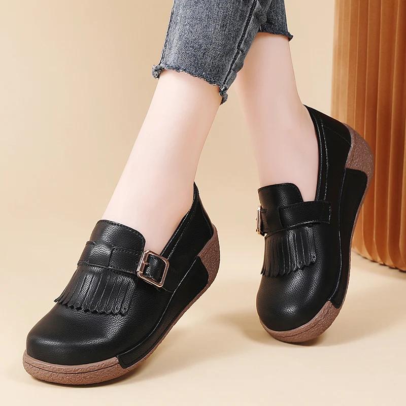 Women Thick Sole Heightening Platform Mother Ladies Soft Non-Slip Walking Shoes High Quality Genuine Leather Wedges Causal Shoes