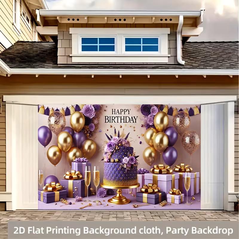 2D Purple Gold Luxury Birthday Backdrop Banner 8ft Wide Happy Birthday Party Decor Background