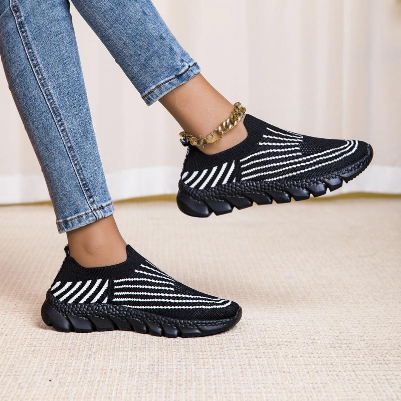 Ladies Knitted Walking Shoes Breathable Mesh Women's Flats Jogging Casual Sports Shoes Lightweight Slip-on Loafers