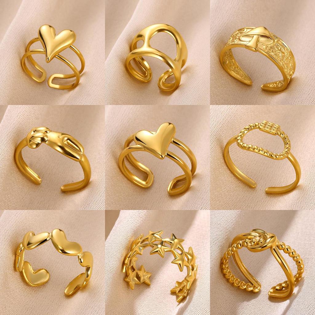 Heart-Shaped Geometric Star Open Ring: 18K Gold-Plated Stainless Steel Women's Jewelry