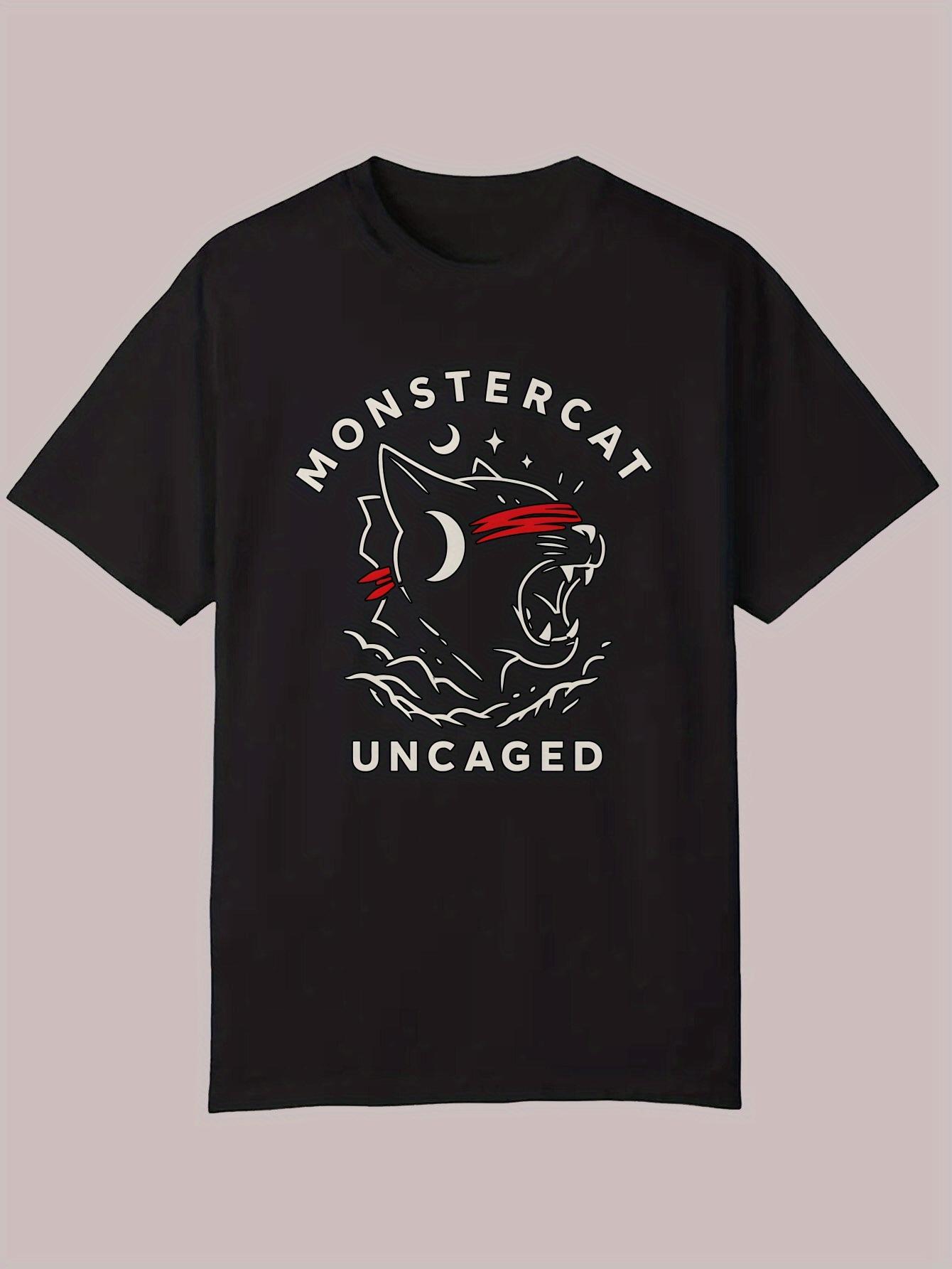 Black Monster Cat Graphic T-shirt - Casual Summer Crew Neck XXXXL